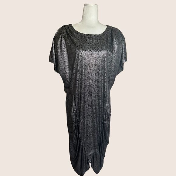 🪩 VTG 80s VARIATIONS SILVER POLKA DOT RUCHED DISCO SHORT DOLMAN SLEEVE DRESS XL - Picture 4 of 12